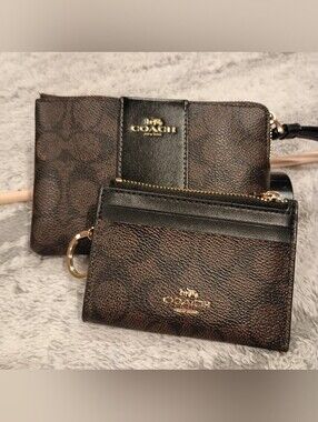 Coach Brown and Black Signature Zip Pouch and Card Holder Set